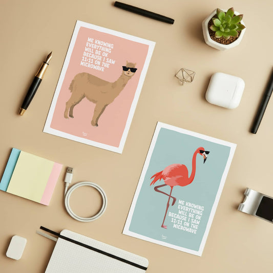 A lifestyle shot of a modern workspace decorated with colorful stationery and Normablok mini prints. This setup demonstrates how figurative digital art can act as a visual refuge, adding identity and social vibes to a professional home office.