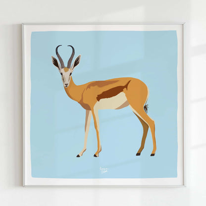 The antelope digital illustration presented in a clean, square format inside a crisp white frame. This minimalist design makes it an ideal choice for a balanced gallery wall or as a sweet, standout accent piece for any modern bedroom.