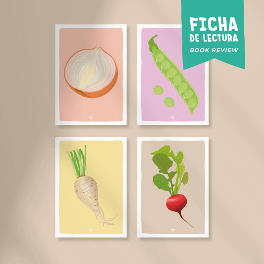 Pack 4 fichas de lectura "Veggies: Cebolla, Guisantes, Nabo, Rábano"