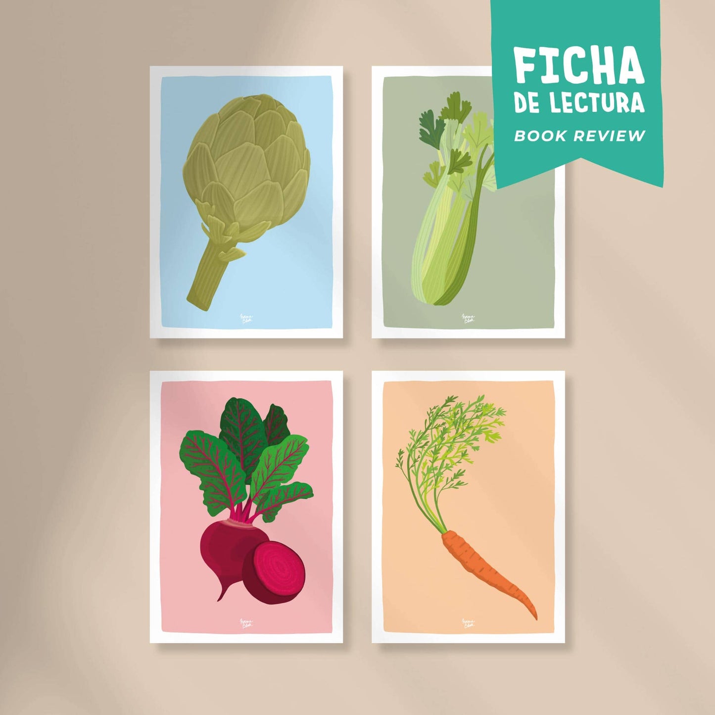 Pack 4 fichas de lectura "Veggies: Alcachofa, Apio, Remolacha, Zanahoria"