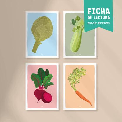 Pack 4 fichas de lectura "Veggies: Alcachofa, Apio, Remolacha, Zanahoria"