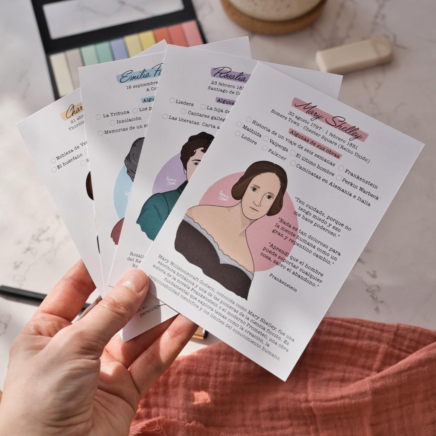 Illustrated bookmark of Mary Shelley, the mother of sci-fi, with a modern and colorful digital art style for book lovers by Normablok.