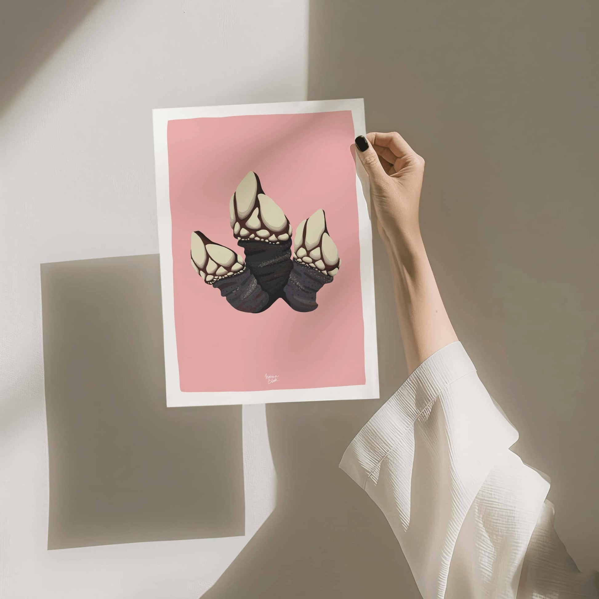 A hand holding an unframed A4-sized goose barnacle illustration. This shot provides a clear sense of the print size and the crisp detail of the digital artwork on the paper.