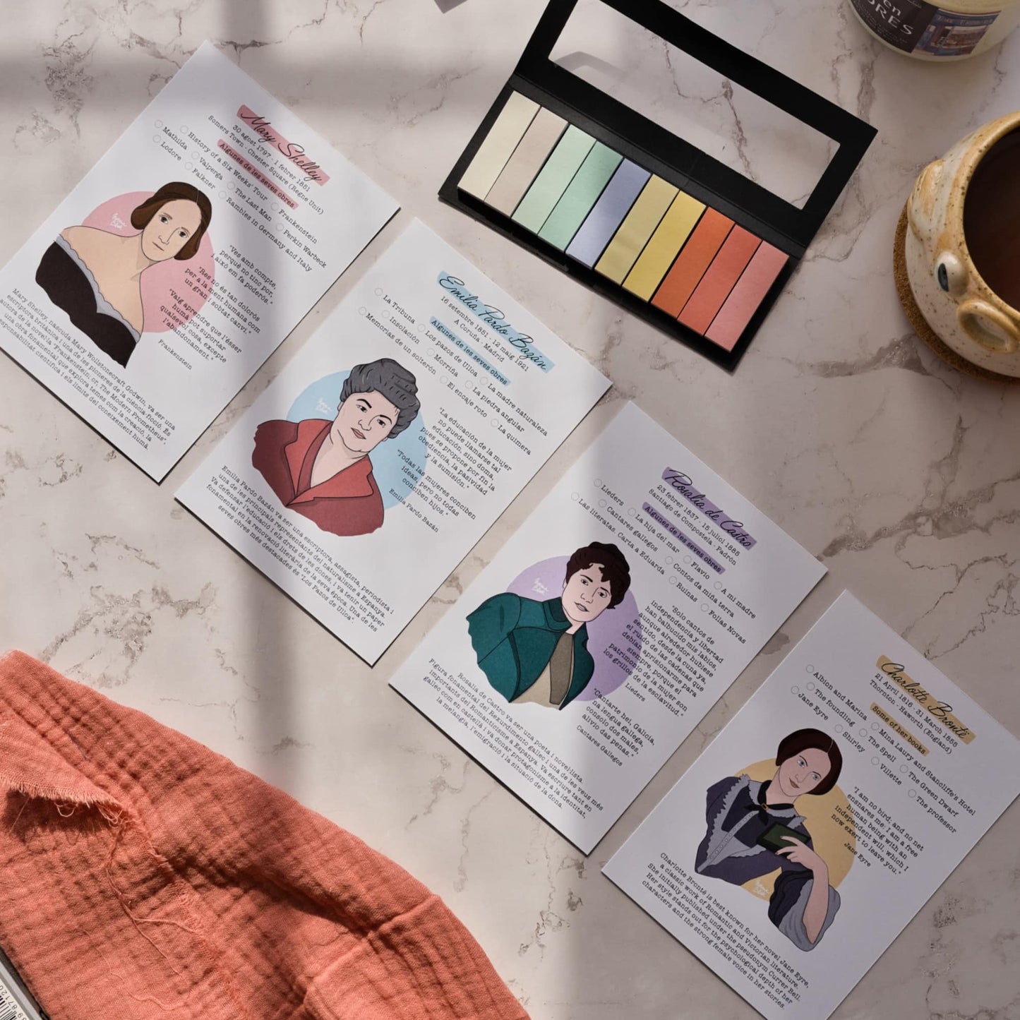 Set of 4 illustrated A6 reading log cards featuring portraits of famous female authors like Mary Shelley and Charlotte Brontë on a colorful background by Normablok.