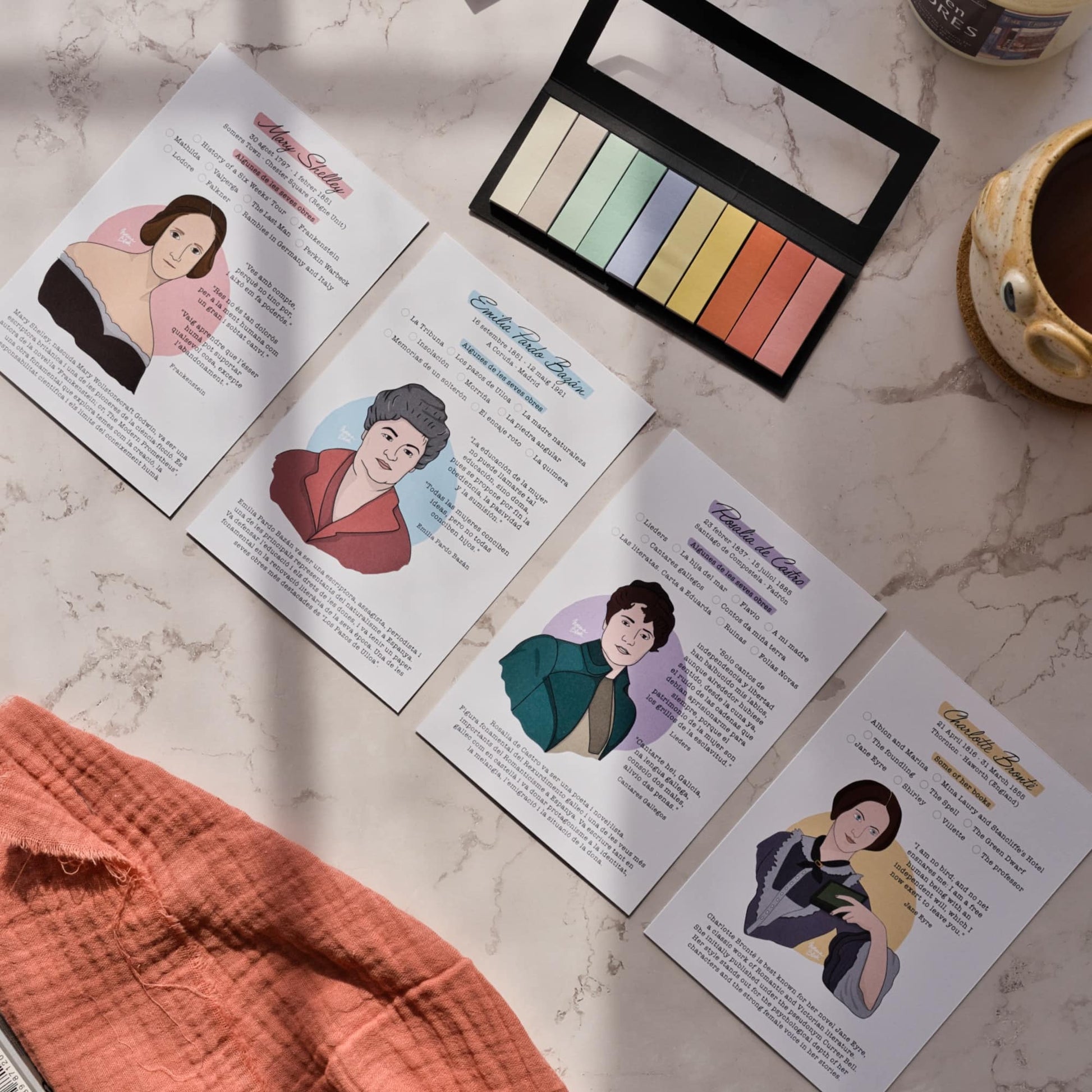 Set of 4 illustrated A6 reading log cards featuring portraits of famous female authors like Mary Shelley and Charlotte Brontë on a colorful background by Normablok.
