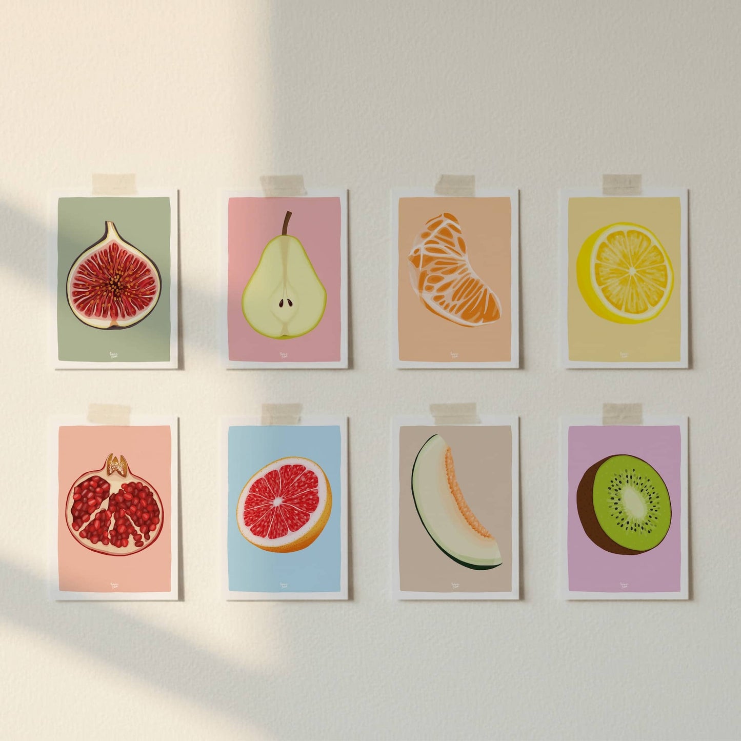 Pack 8 Mini Láminas Frutas - Granada, Limón, Mandarina, Pera, Higo, Kiwi, Melon y Pomelo