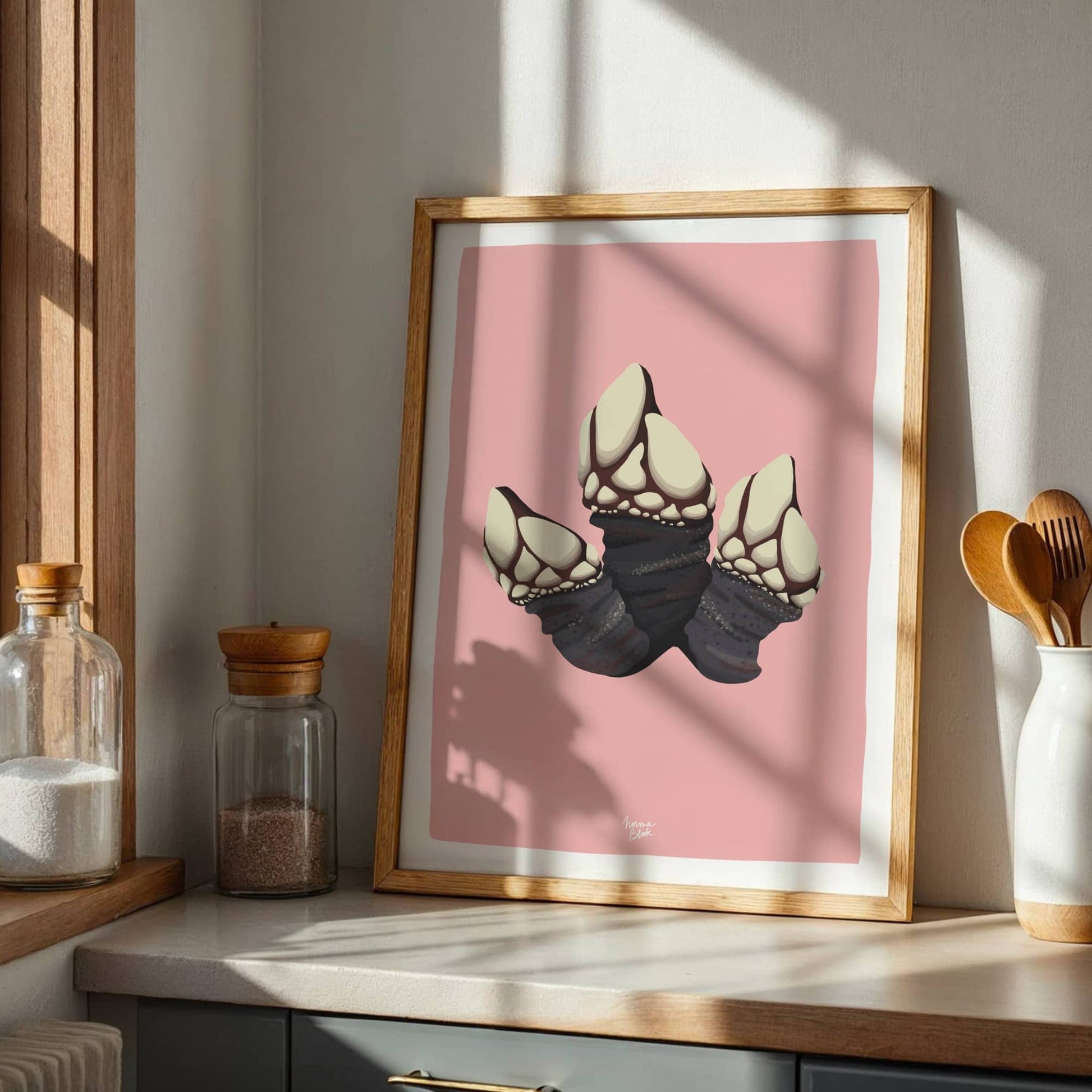 Framed goose barnacle art print displayed on a kitchen shelf, illuminated by soft natural light coming from a nearby window. This kitchen decor setting highlights how the pink background brings warmth to the space.