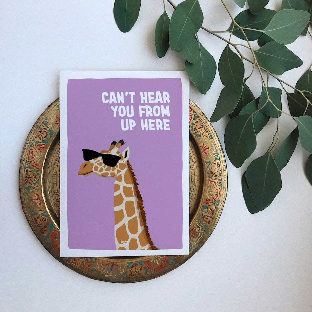 Hand drawn giraffe mini print with humorous animal phrase for collage wall decor by normablok