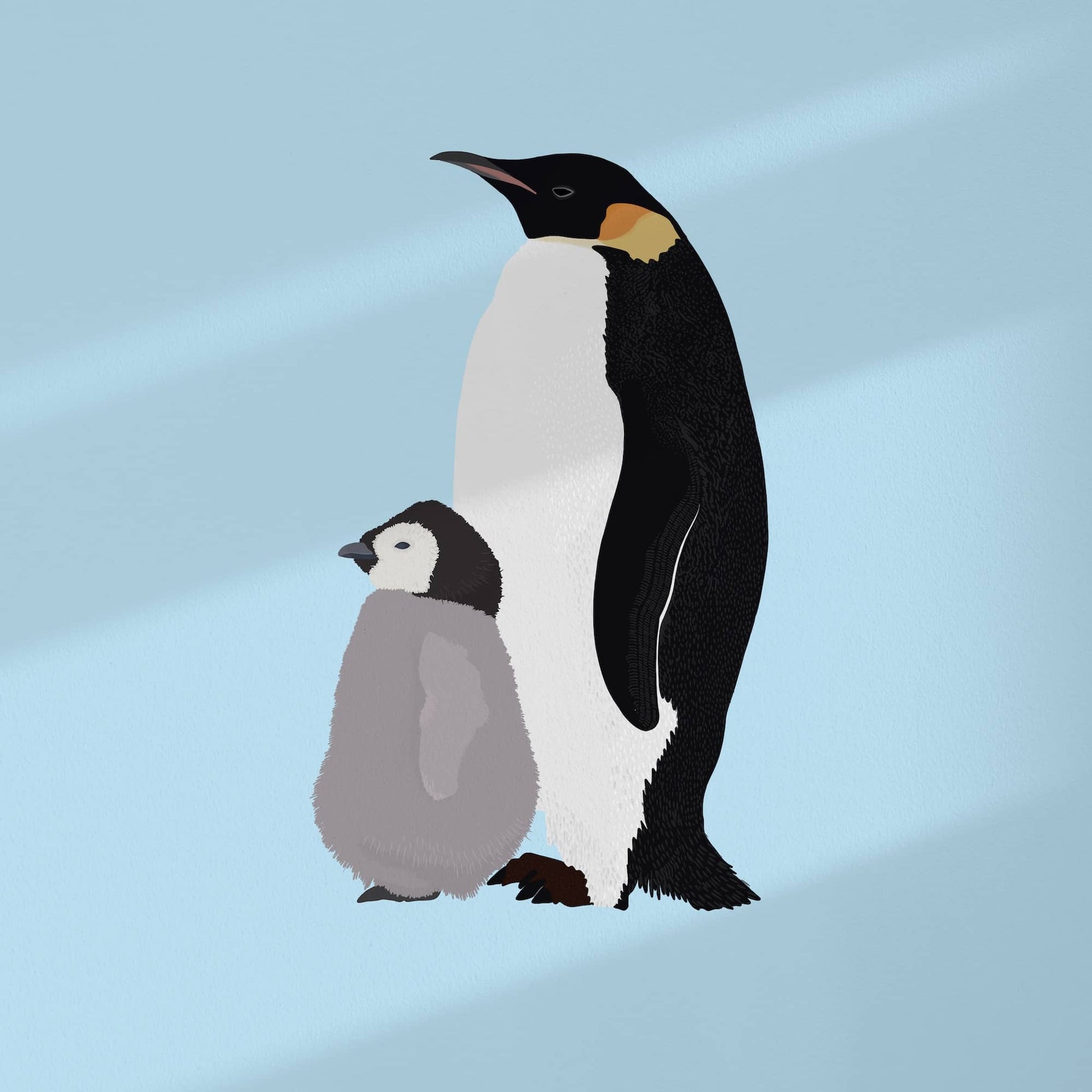 Modern digital illustration of an Emperor penguin and its chick on a blue background. Perfect as nursery wall art or kids' room decor.