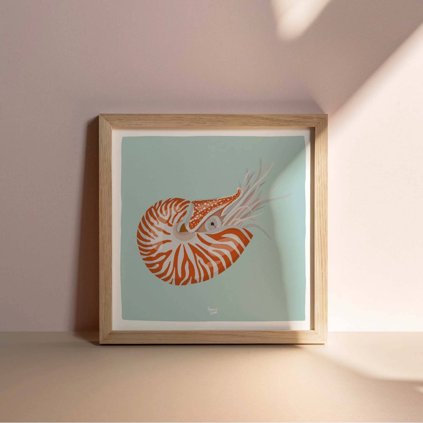 The Nautilus digital illustration adapted to a balanced square format layout, featuring a white border for a modern home decor presentation.