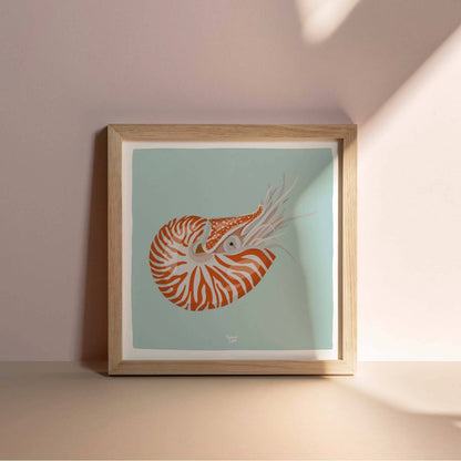 The Nautilus digital illustration adapted to a balanced square format layout, featuring a white border for a modern home decor presentation.