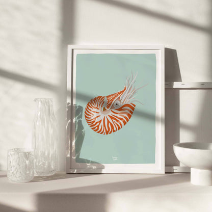 Lámina ilustrada color turquesa y naranja para casa minimalista, el dibujo de un nautilus perfecto para amantes del mar by normablok