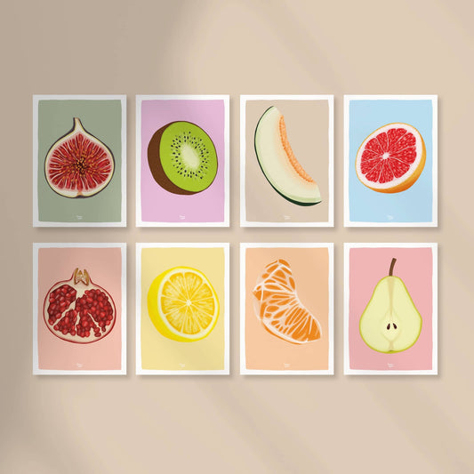 Mini Fruit print Set - Pack of 8 (Pomegranate, Lemon, Tangerine, Pear, Fig, Kiwi, Melon, Grapefruit)