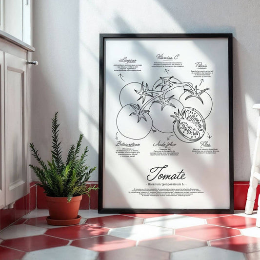 Antique scientific drawing of a tomato plant Solanum lycopersicum with detailed anatomical features and nutritional benefits listed in three languages by Normablok.