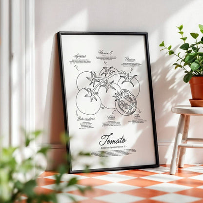 Hand drawn tomato botanical art with a vintage aesthetic focusing on the detailed skin texture and scientific classification for health conscious home decor by Normablok.