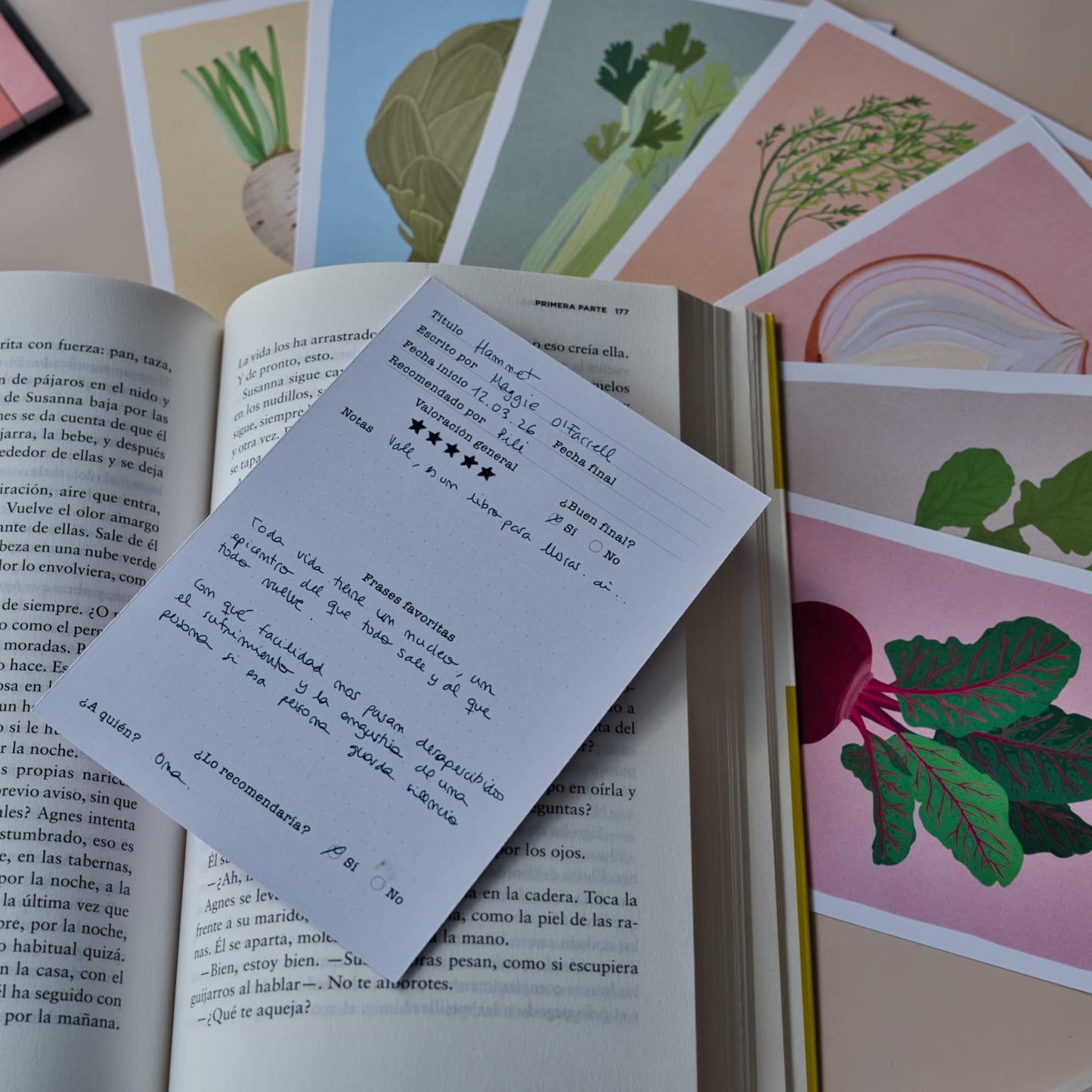 Close up of the back of a vegetable reading log card showing a clean template to fill in book titles, star ratings, and favorite quotes by Normablok.