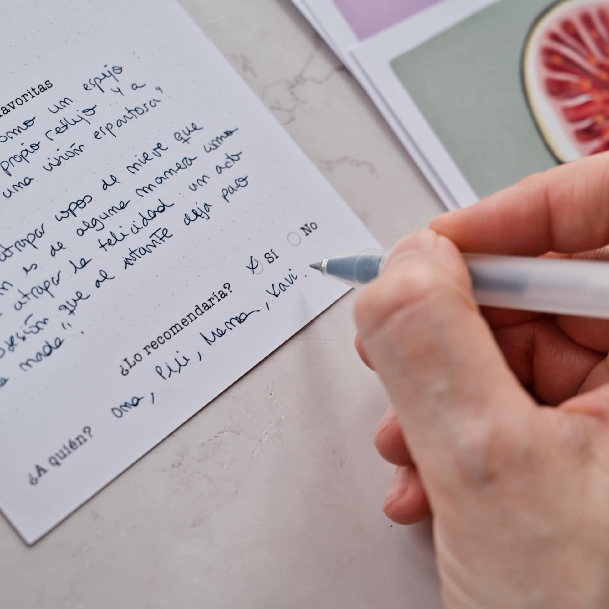 Close up of the back of a fruit reading log card showing a clean template to fill in book titles, ratings, and favorite quotes by Normablok.