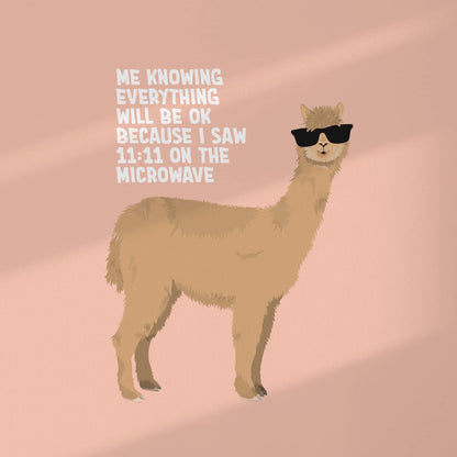 High-resolution flat digital graphic of the "11:11 Microwave" art print. Features a stylized alpaca wearing sunglasses centered on a light coral background with the funny quote typography, surrounded by the signature clean white border to show exact colors.