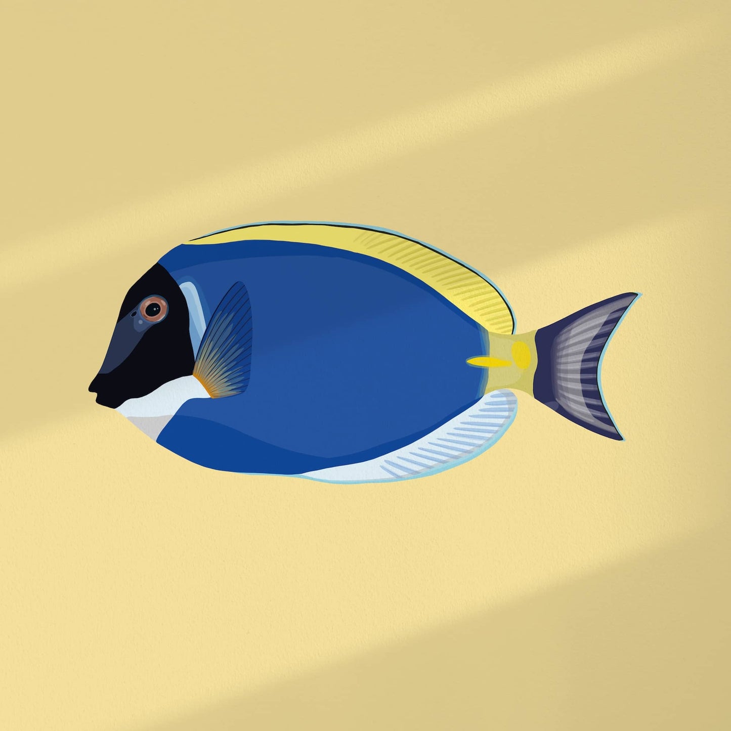 Modern digital illustration of a Blue Tang fish on a yellow background. Perfect as tropical nursery wall art or kids' room decor.
