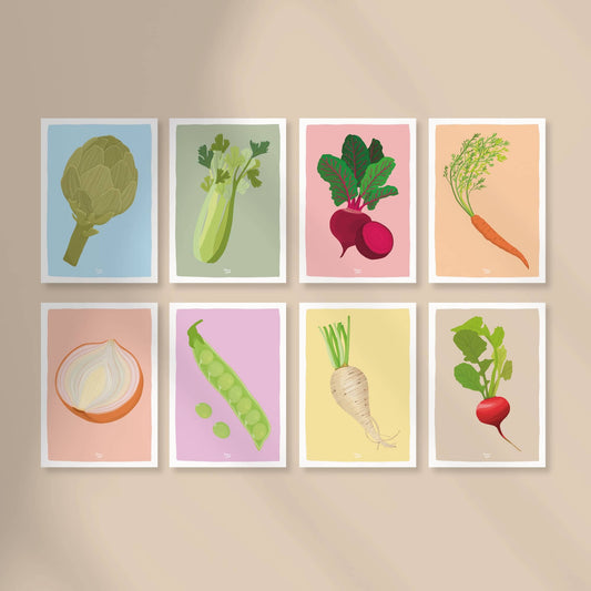Veggie Mini print Set - Pack of 8 (Carrot, Radish, Turnip, Beet, Peas, Artichoke, Onion, Celery)