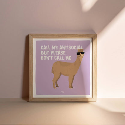 A square ratio version of the sassy alpaca poster casually leaning against a modern salmon-colored wall by Normablok.