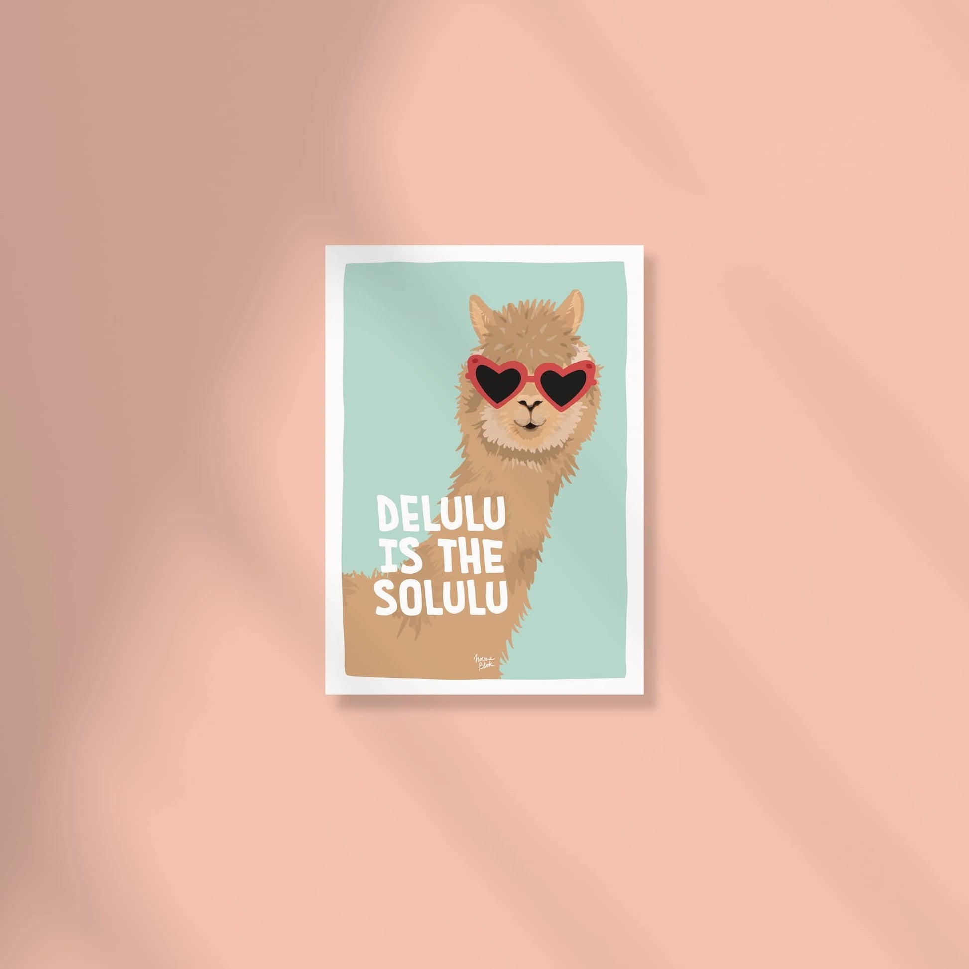 A colorful and figurative digital illustration of an alpaca with a very long neck and heart sunglasses, designed to be a visual refuge and modern desk decor by Normablok.