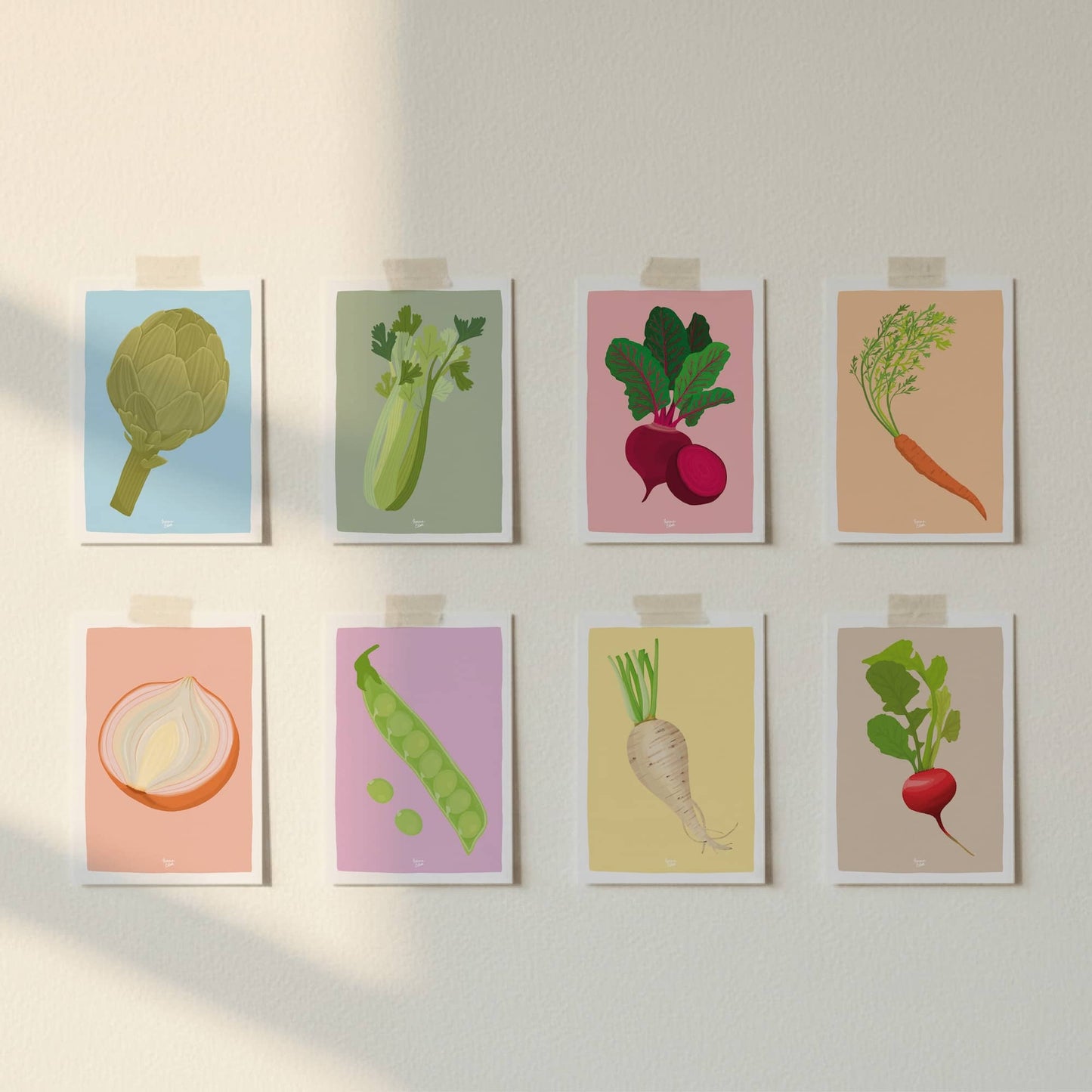 Pack 8 Mini Láminas Verduras - Zanahoria, Rábano, Nabo, Guisante, Remolacha, Alcachofa, Cebolla, Apio