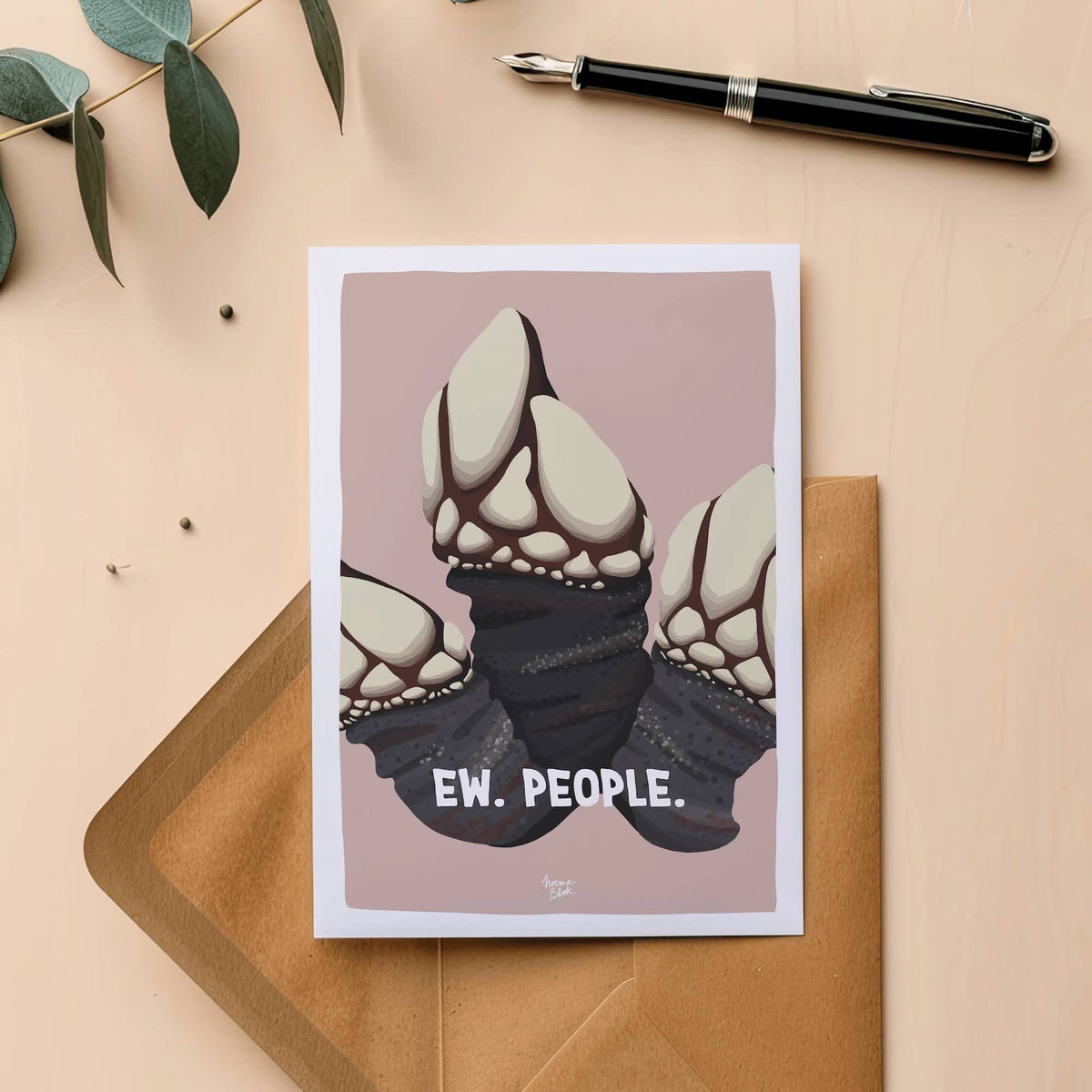 An "Ew. People." goose barnacle postcard on a kraft paper envelope, styled as a funny gift idea for an introverted friend by Normablok.