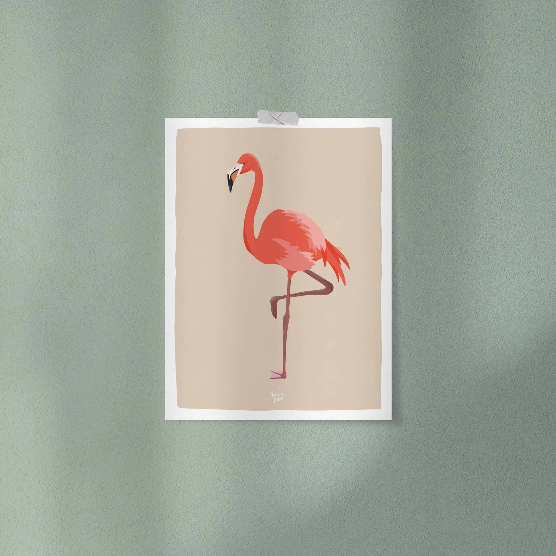 Flamingo print attached to a green wall using clear tape. A simple and direct decor option.