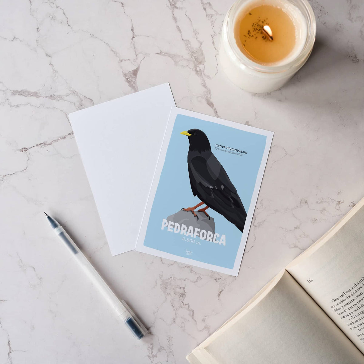 Composición flat lay sobre una mesa mostrando la postal por delante y otra dada la vuelta para ver su reverso blanco de Normablok.