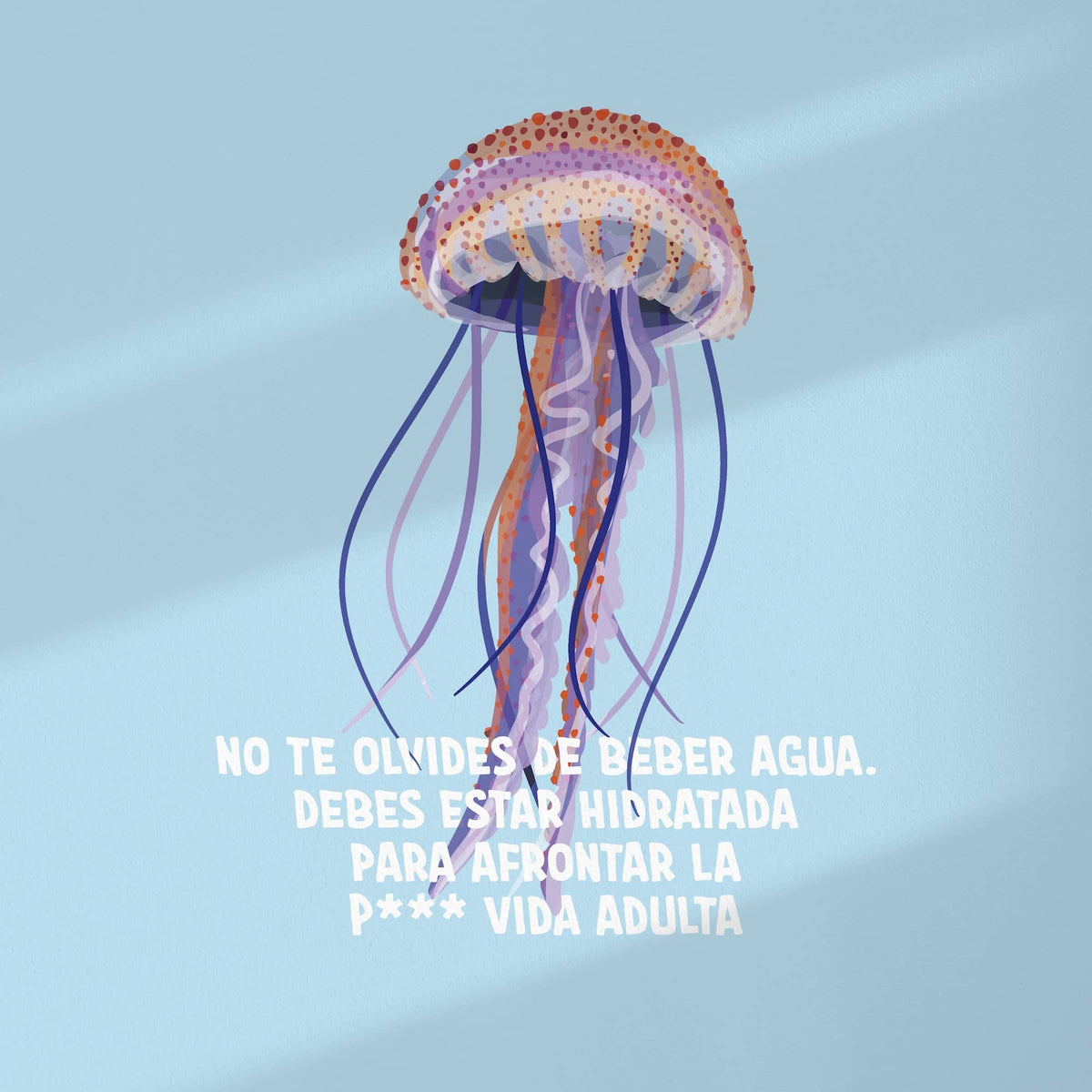 Imagen de producto centrada en el detalle de la medusa flotante y su divertido texto sobre un fondo azul claro.