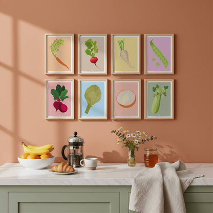 Pack 8 Mini Láminas Verduras - Zanahoria, Rábano, Nabo, Guisante, Remolacha, Alcachofa, Cebolla, Apio
