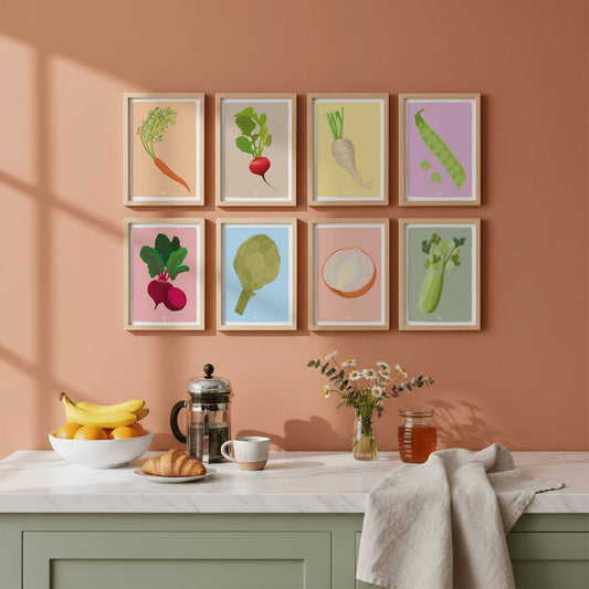Veggie Mini print Set - Pack of 8 (Carrot, Radish, Turnip, Beet, Peas, Artichoke, Onion, Celery)