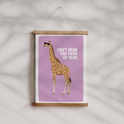 The lilac giraffe art print hanging stylishly on a wall using a modern magnetic wooden poster hanger with bars at the top and bottom. This minimalist setup highlights the clean layout of the print and offers a contemporary, lightweight alternative to traditional framing.