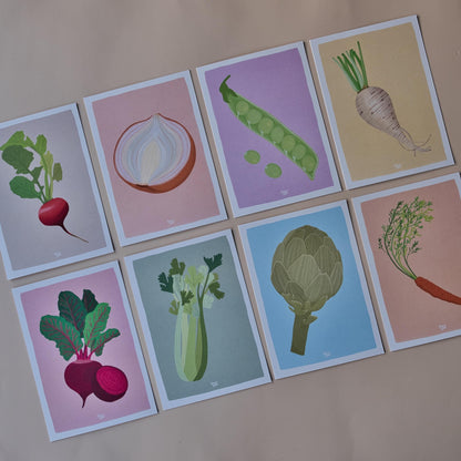 A set of 8 colorful A6 reading log cards featuring digital illustrations of vegetables like artichoke, radish, and peas on a vibrant background by Normablok.
