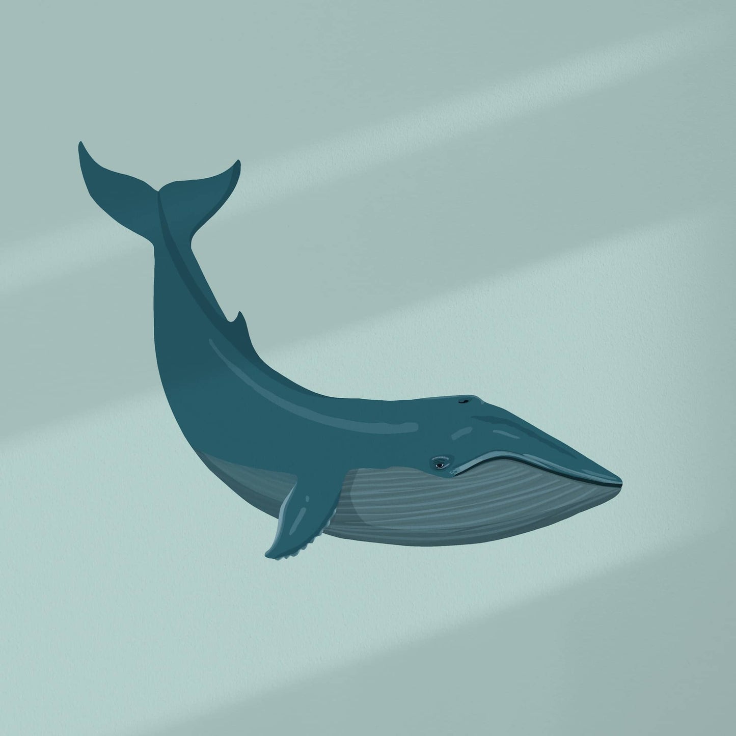 ilustración digital moderna de una ballena azul con su mini ojo y la barba en un fondo azul turquesa