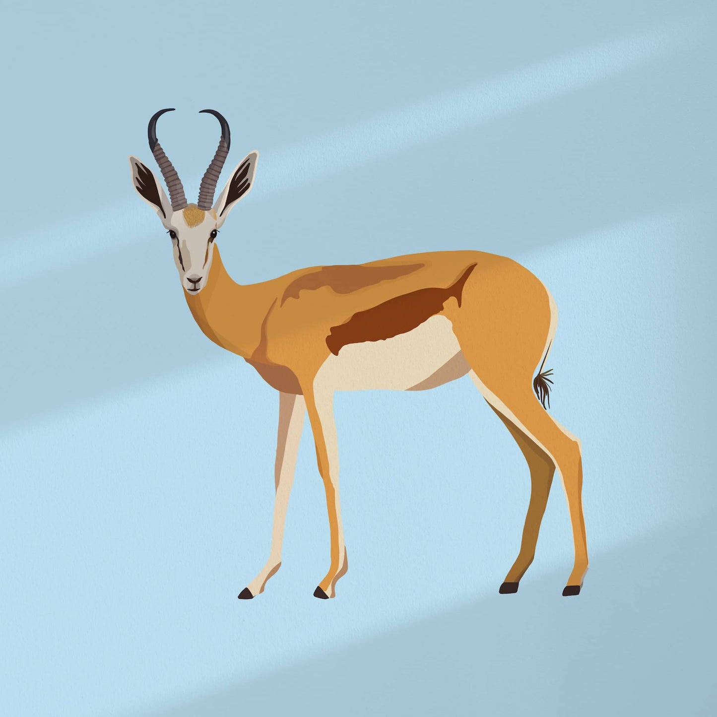 A detailed digital illustration of a graceful antelope set against a soft, calm blue background. This close-up view highlights the fine line work and the gentle color palette, perfect for modern and minimalist wildlife wall art.