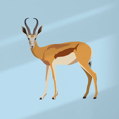 A detailed digital illustration of a graceful antelope set against a soft, calm blue background. This close-up view highlights the fine line work and the gentle color palette, perfect for modern and minimalist wildlife wall art.