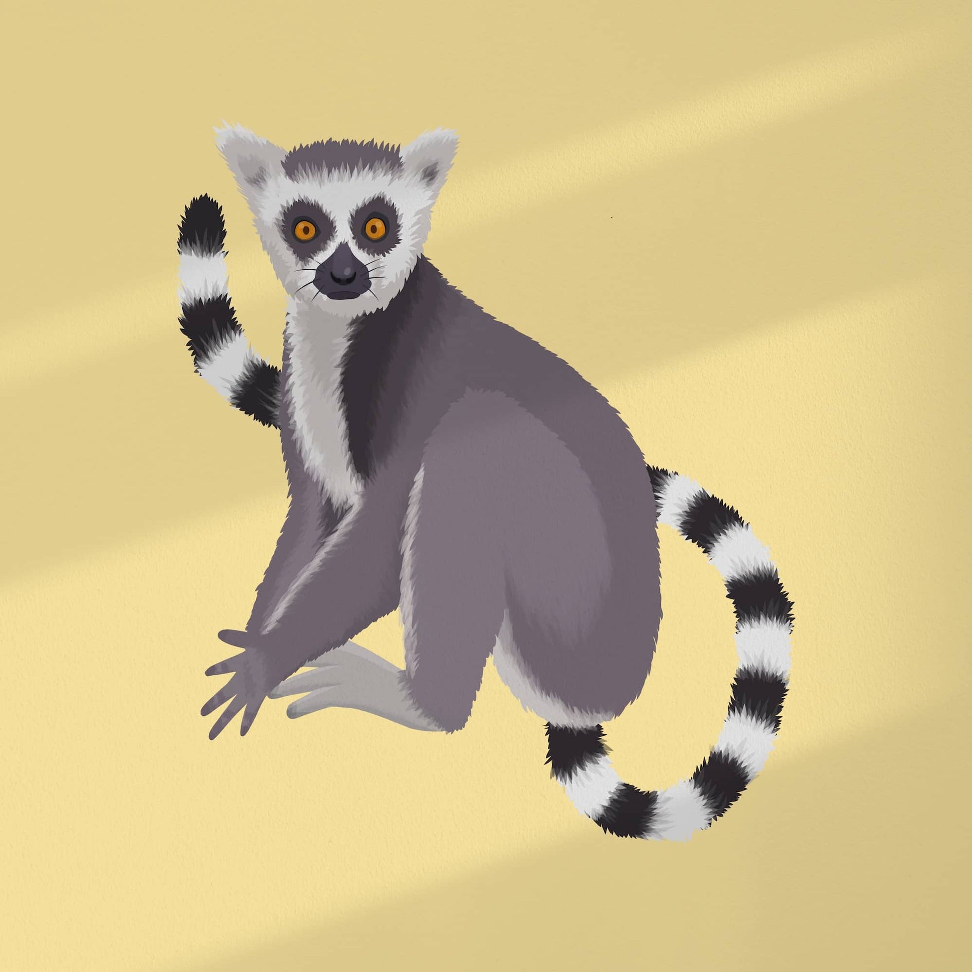 Digital art print of a ring-tailed lemur staring intensely at the camera, set against a bold, vibrant yellow background. The illustration highlights the lemur's wide, expressive eyes and characteristic features in high-quality digital detail.