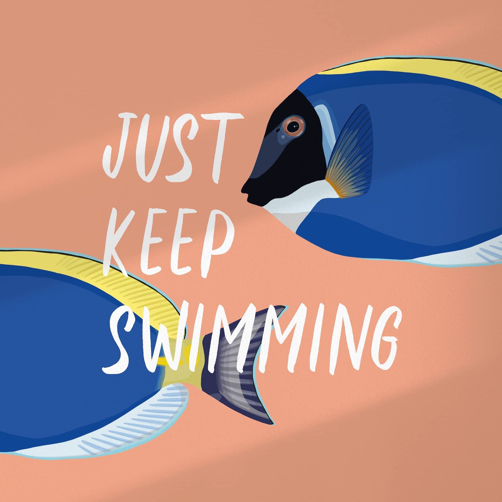 High-resolution flat digital graphic of the "Just Keep Swimming" art print. Features two stylized blue surgeonfish swimming in and out of a solid coral background, surrounded by the clean white signature border to show exact colors and lines.