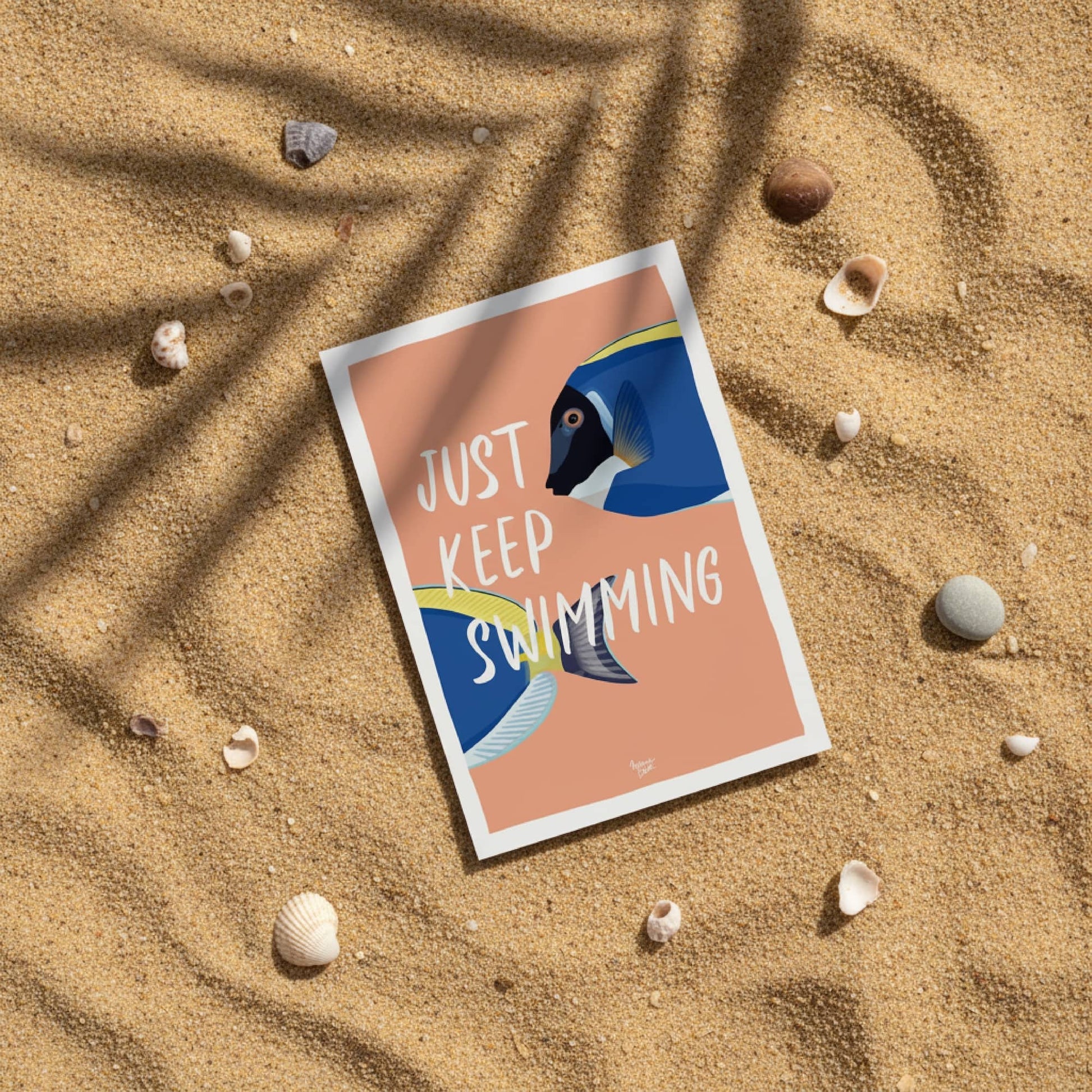mini print or postcard just keep swimming for decor a desk or a office with a Coral & Blue Surgeonfish by normablok