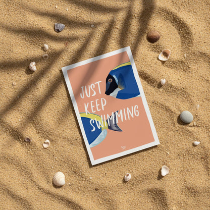mini print or postcard just keep swimming for decor a desk or a office with a Coral & Blue Surgeonfish by normablok
