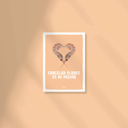 Postal cuadrada o mini print con fondo naranja vibrante y borde blanco. Ilustración central de dos gambas sonrientes entrelazadas formando la silueta de un corazón. Debajo, el texto manuscrito en color oscuro: 'cancelar planes es mi pasión'. Diseño estilo naif y divertido por Normablok.
