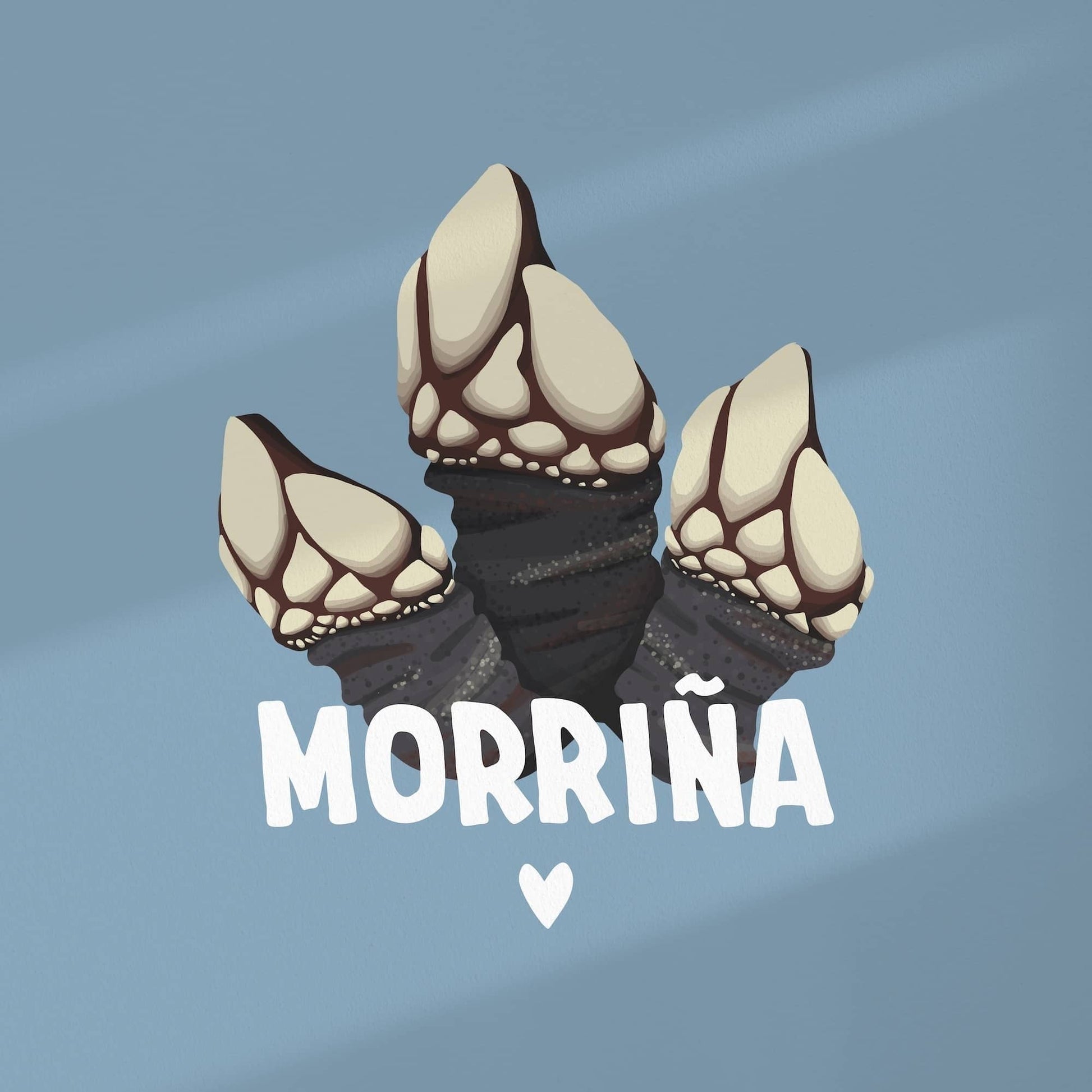 Lámina ilustrada con fondo azul con la ilustración detallada de un percebe y el texto morriña con un corazón debajo. La lámina nostálgica perfecta.