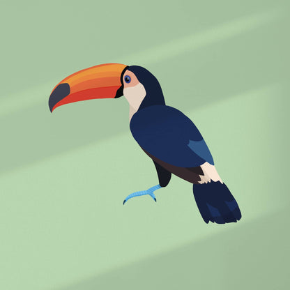 Gráfico digital plano en alta resolución de la lámina del tucán. Muestra el pájaro colorido centrado, rodeado por el margen blanco característico. Nota: El color de fondo se puede personalizar bajo pedido para que combine con tu decoración infantil o de la habitación.