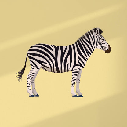 Gráfico digital plano en alta resolución de la lámina de la cebra. Muestra la cebra ilustrada centrada sobre un fondo amarillo suave liso, rodeado por el margen blanco característico. Este color de fondo se puede personalizar bajo pedido para combinar con tu decoración.