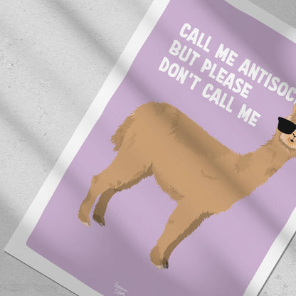 Close-up top-down flat lay focusing on the sunglasses-wearing alpaca against a violet background in a Normablok art print.