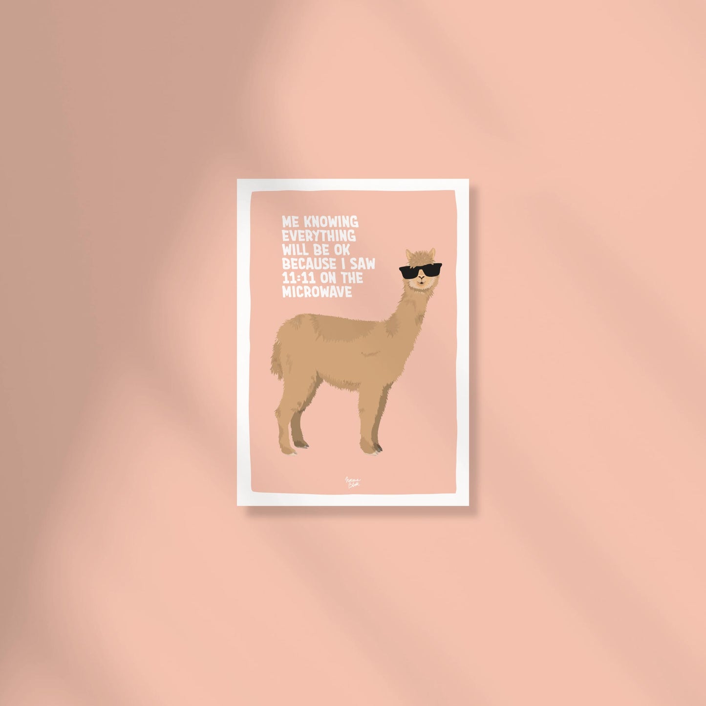 A colorful A6 postcard featuring a hand-drawn alpaca in sunglasses by Normablok. The design uses grounded optimism and humor to validate the feeling of delegating life’s worries to the universe, making it a unique addition to any mood board.