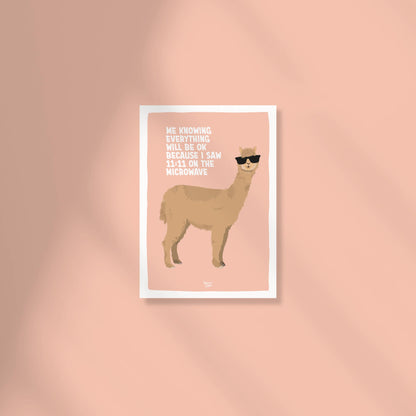 A colorful A6 postcard featuring a hand-drawn alpaca in sunglasses by Normablok. The design uses grounded optimism and humor to validate the feeling of delegating life’s worries to the universe, making it a unique addition to any mood board.