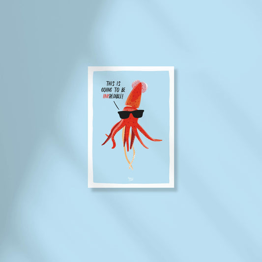 A vibrant A6 postcard featuring a digital illustration of a bright orange and red squid centered on a light blue background with the text "this is going to be inkcredible" in a modern font by Normablok.